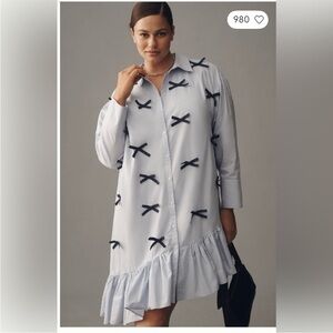 Maeve Light Blue Ruffle Hem Shirt with Black Bows LARGE NWOT